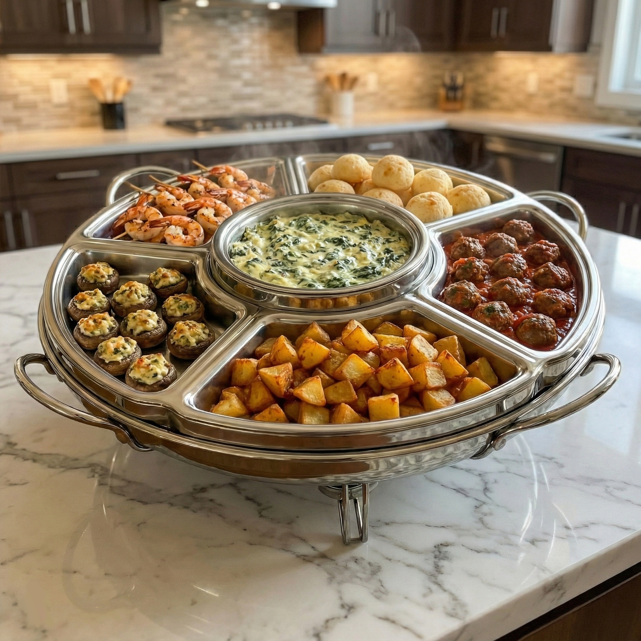 Rechaud Giratório apresentando molhos e acompanhamentos